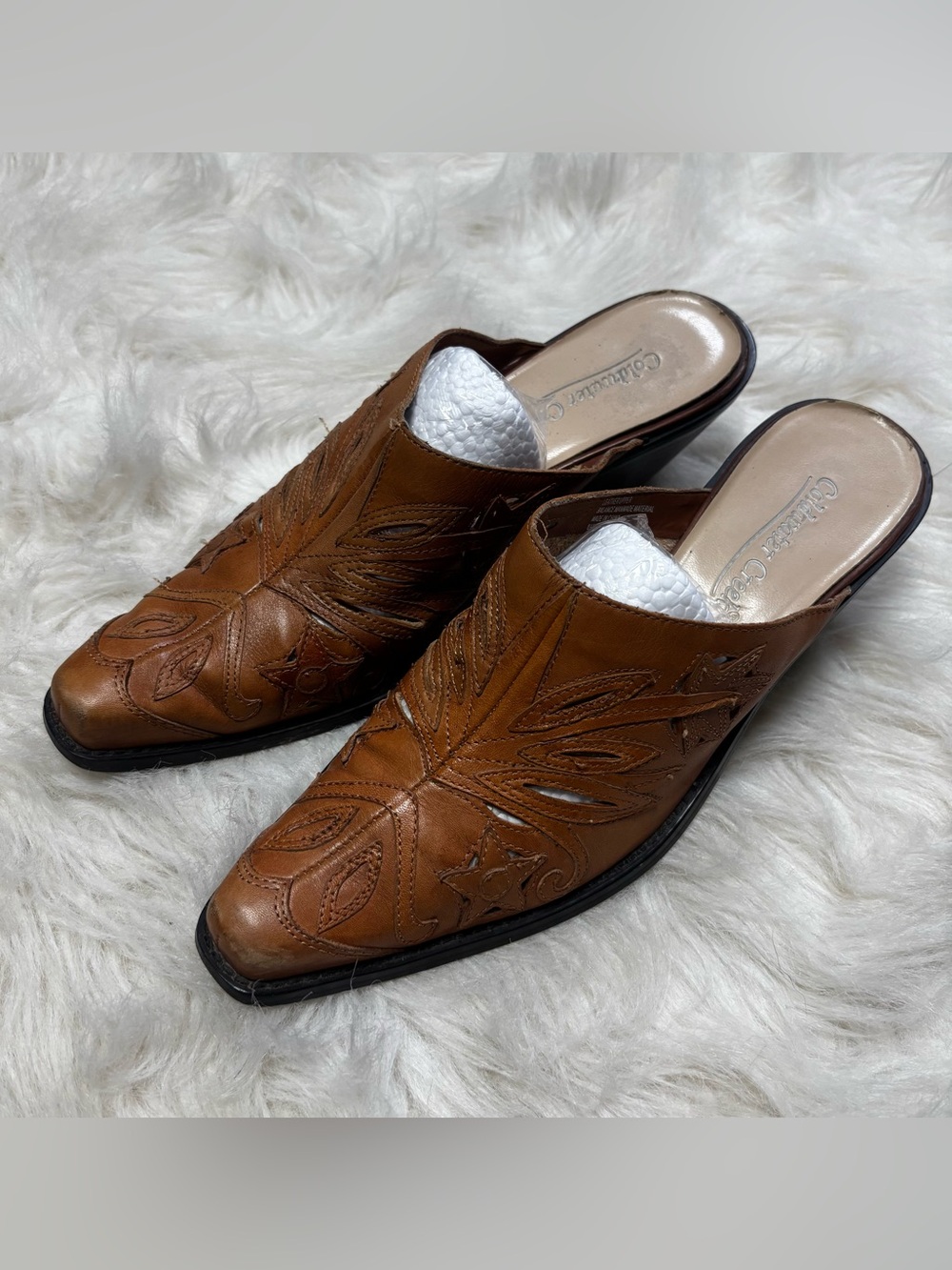 Vintage Coldwater Creek Embroidered Brown Leather Pointed Toe Slide Mules - 8.5